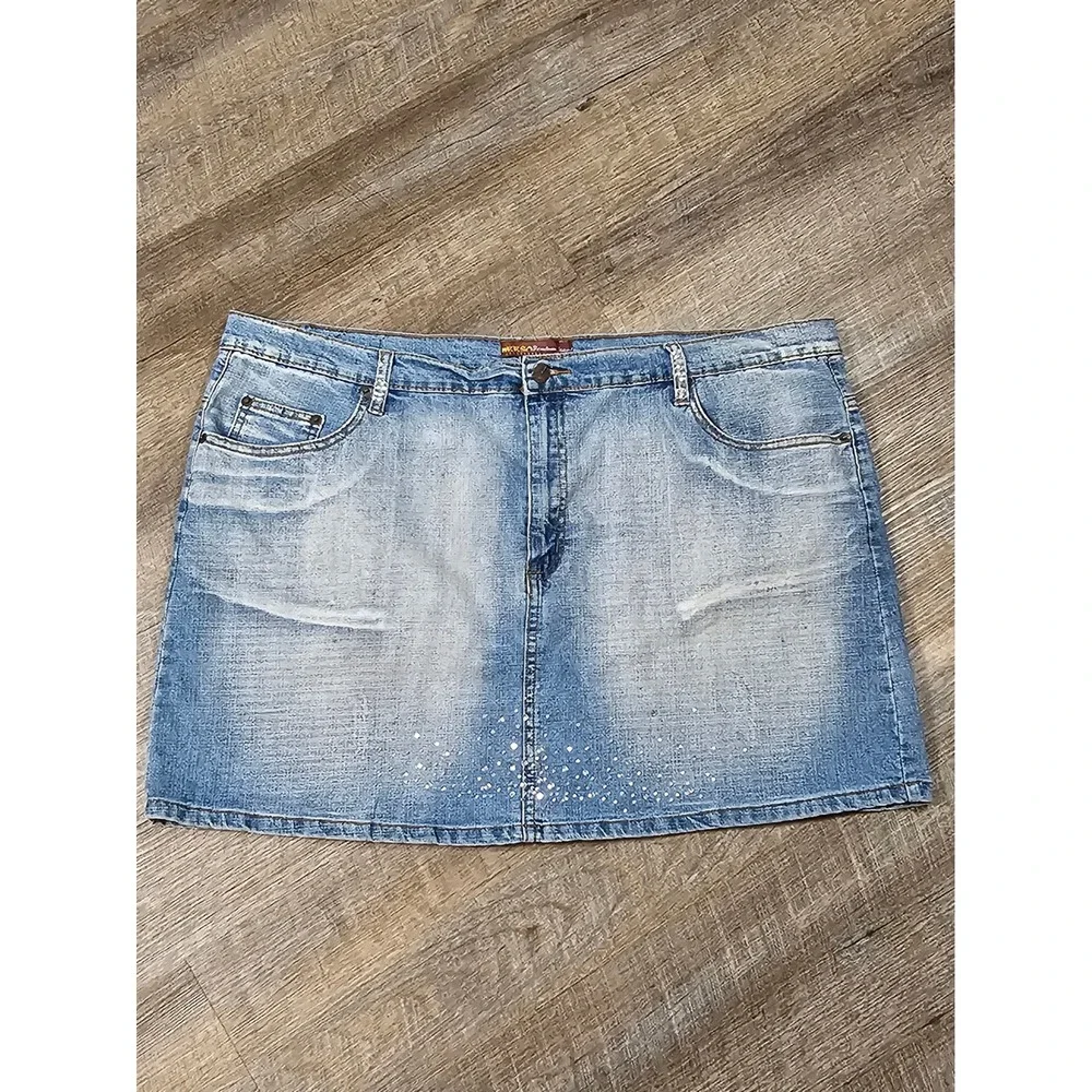 NEESO Premium Jeans Light Wash Rhinestone Denim Mini Skirt Plus Size 22 Y2K